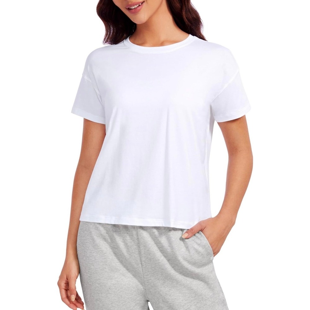 CRZ YOGA Pima Cotton Short Sleeve Workout‎ Tops for Women Loose Basic T-Shirts